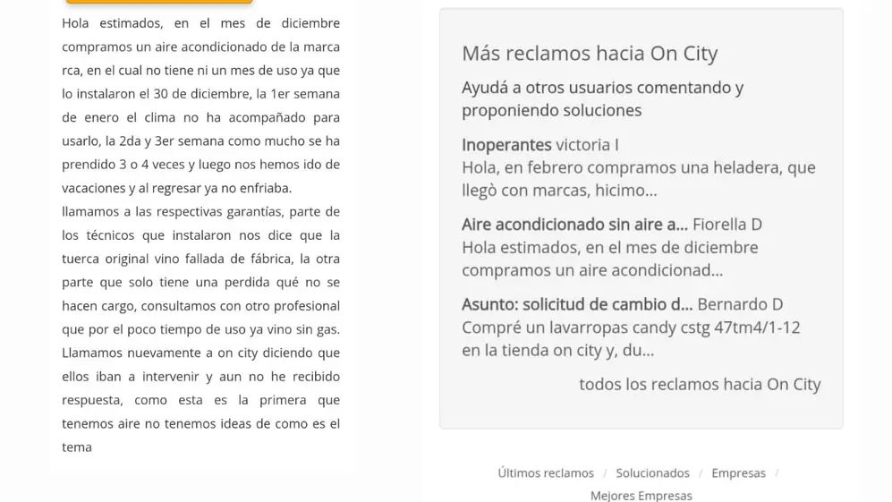 Otros reclamos de los clientes contra OnCity