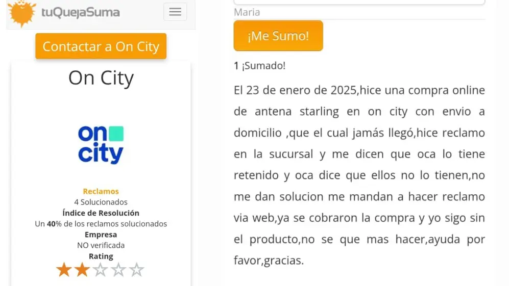 Algunas de las quejas contra OnCity en la web