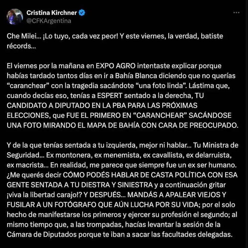 Cristina Fernández cuestionó a Milei por la inflación, su política de seguridad y el criptogate
