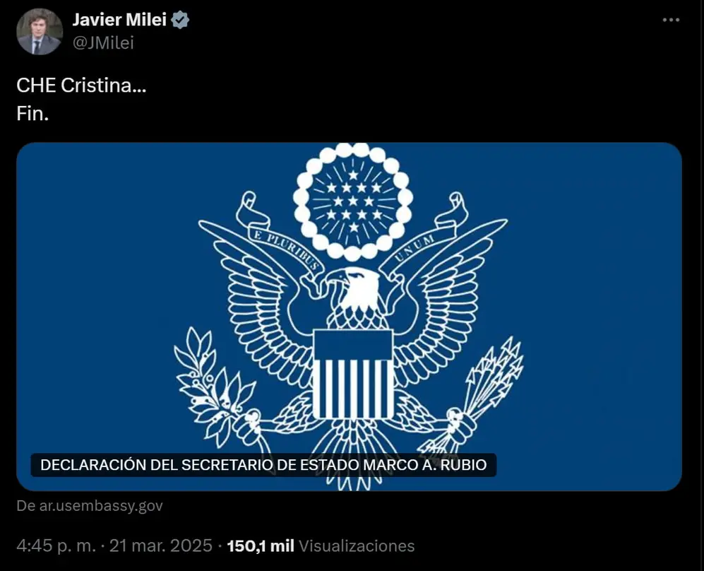 La reacción de Javier Milei, al conocerse que EE. UU. no le permitirá el ingreso a Cristina Kirchner