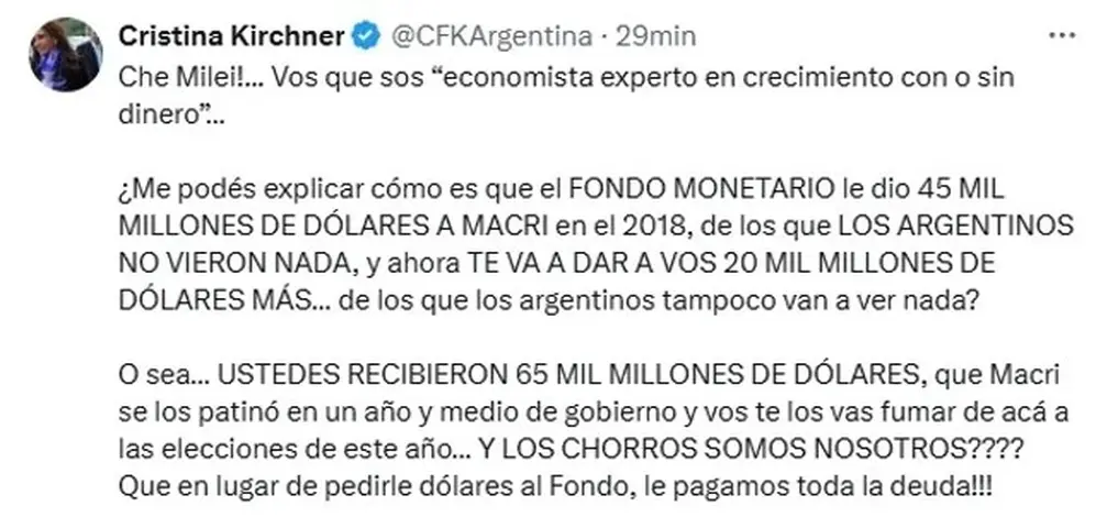 El tuit de Cristina Kirchner tras la confirmación del monto del acuerdo