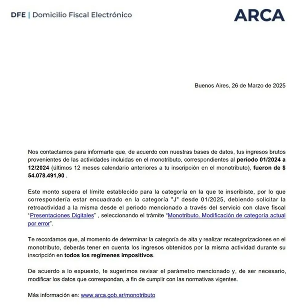 Carta de ARCA para monotributistas