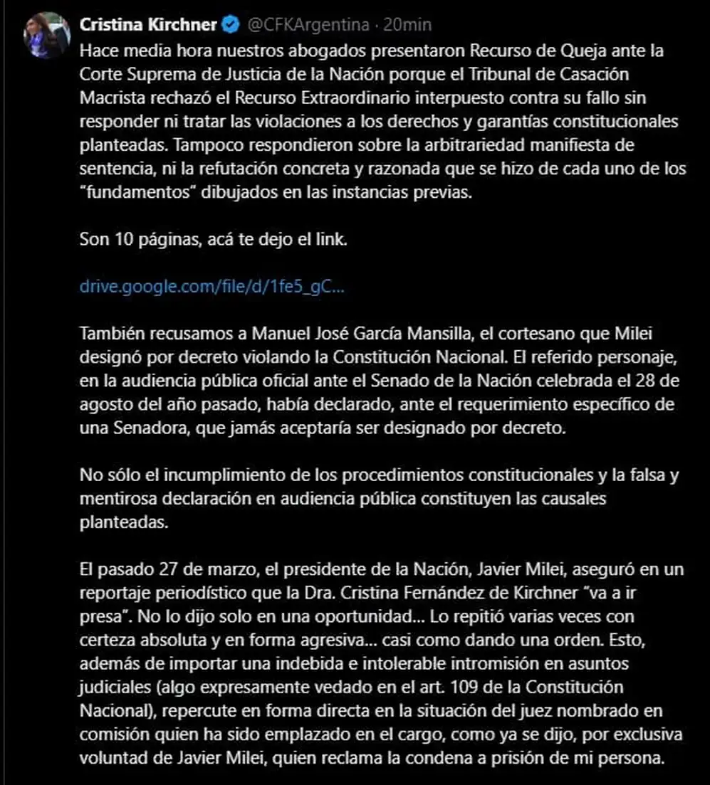 Cristina Kirchner presentó el recurso de 