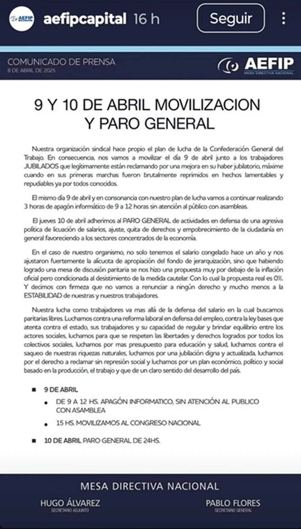 ARCA paro y movilización el 10 de abril