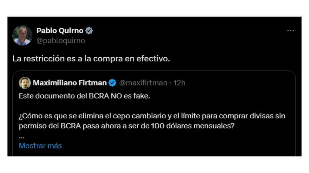 La aclaración de Quirno, Secretario de Finanzas, sobre la duda de los 100 dólares por mes