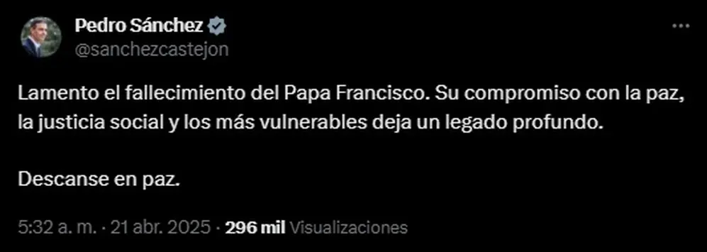 Mensaje de Pedro Sánchez por el Papa Francisco