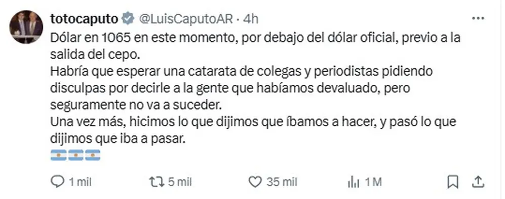 El mensaje de Luis Caputo sobre la baja del dólar