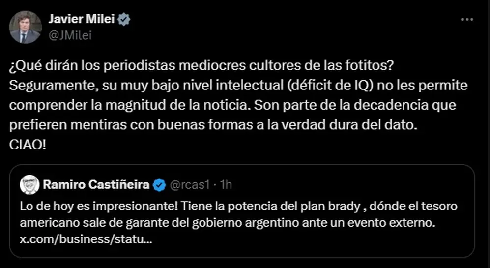 El mensaje de Javier Milei sobre el apoyo del Tesoro de Estados Unidos