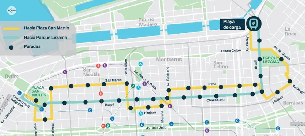 El recorrido de los buses eléctricos en la Ciudad de Buenos Aires