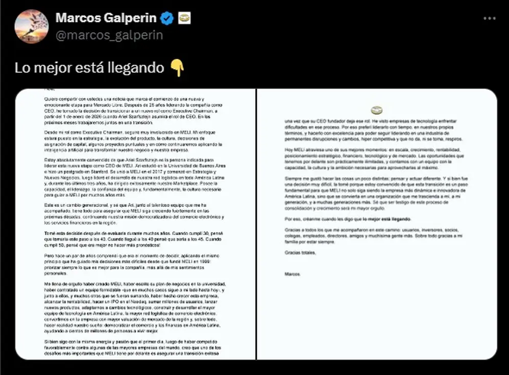 El mensaje de Marcos Galperin en redes: dejará de ser el CEO de Mercado Libre