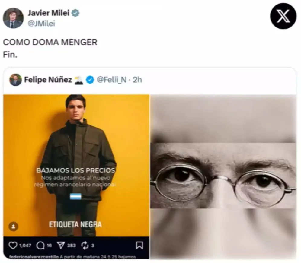El mensaje de Javier Milei sobre la baja de precios en una marca de ropa