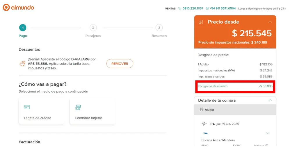 Ejemplo del descuento que ofrece Almundo para vuelos locales de Aerolíneas Argentinas