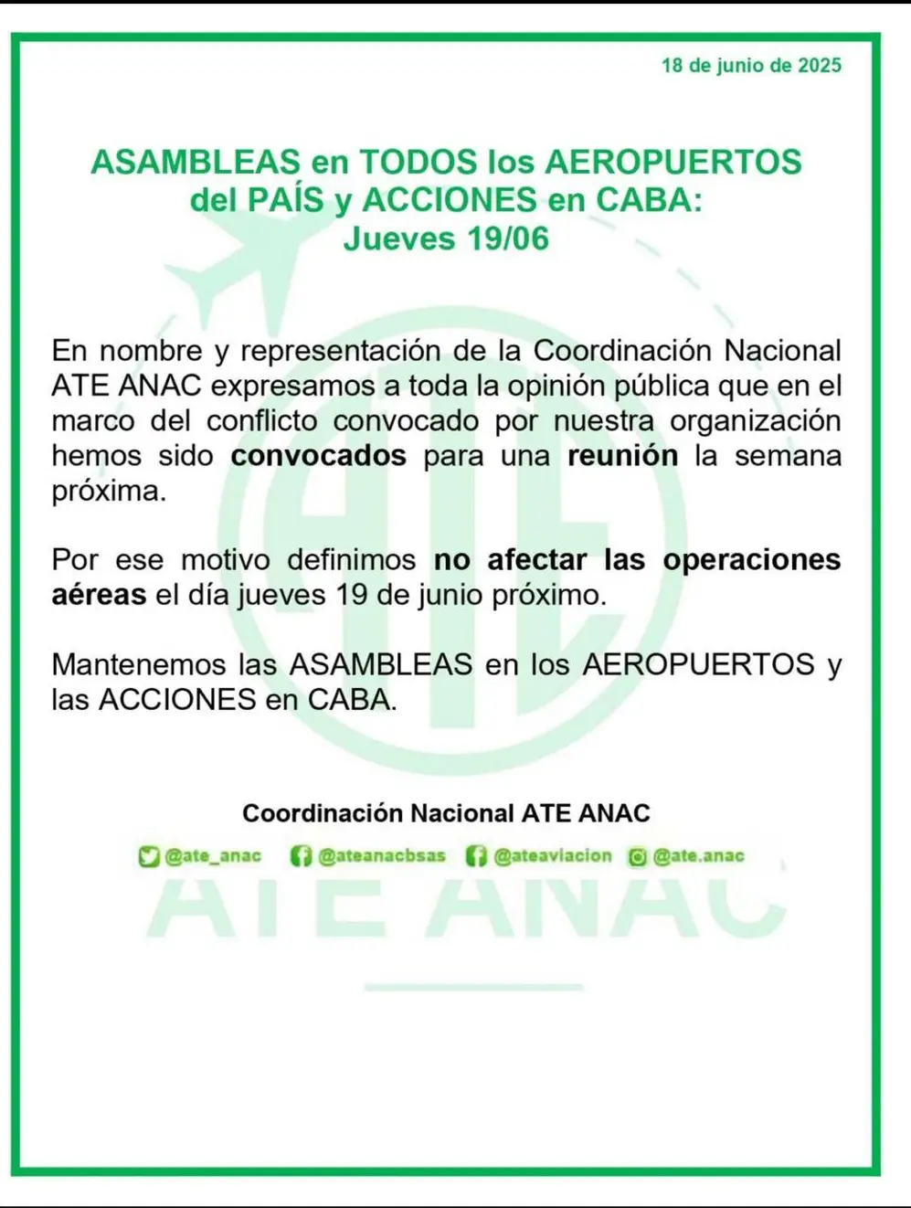 El comunicado del gremio, en el que anunció que se levantó el paro previsto para el jueves