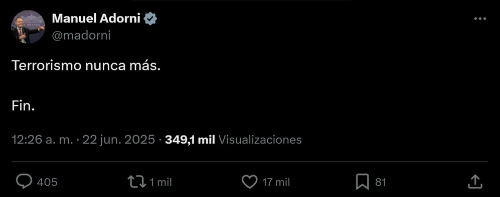El mensaje de Manuel Adorni en X.
