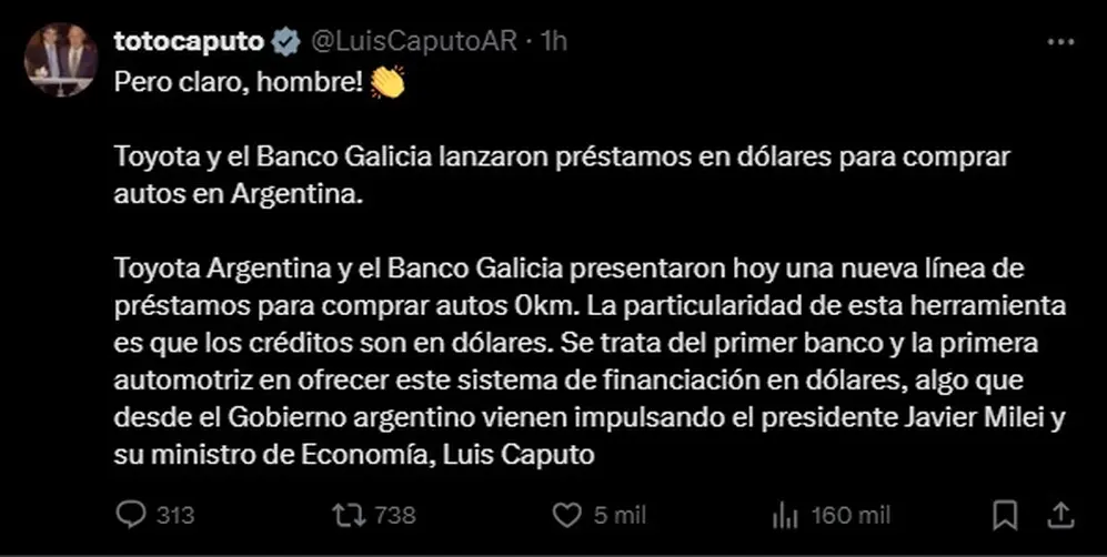 El mensaje de Luis Caputo sobre la financiación en dólares de Toyota