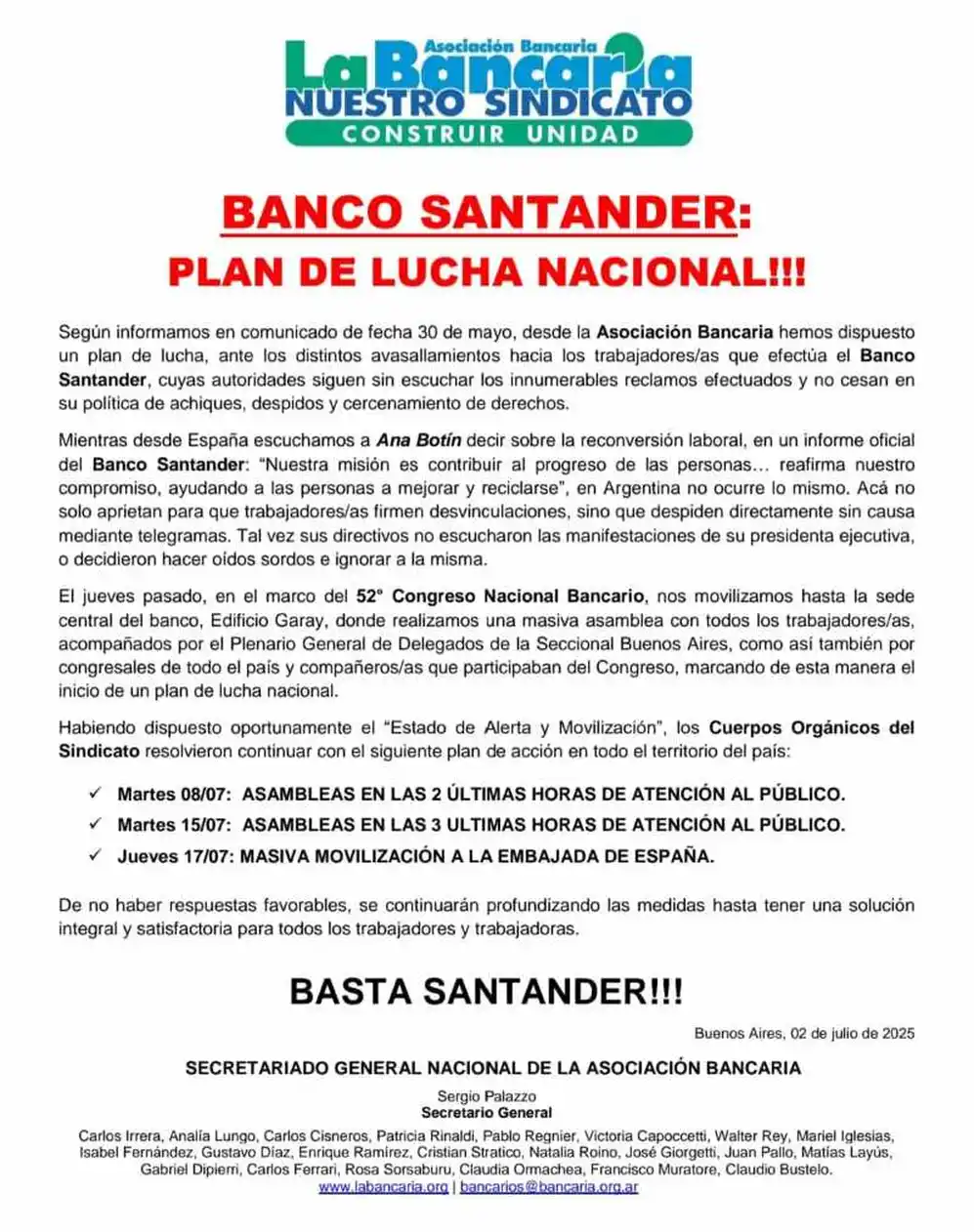 El comunicado de La Bancaria por la situación en el Banco Santander