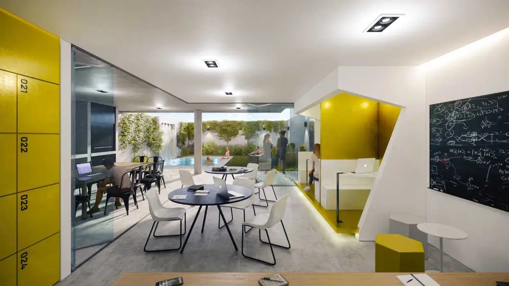 Render del área de coworking y piscina del hotel en Palermo.