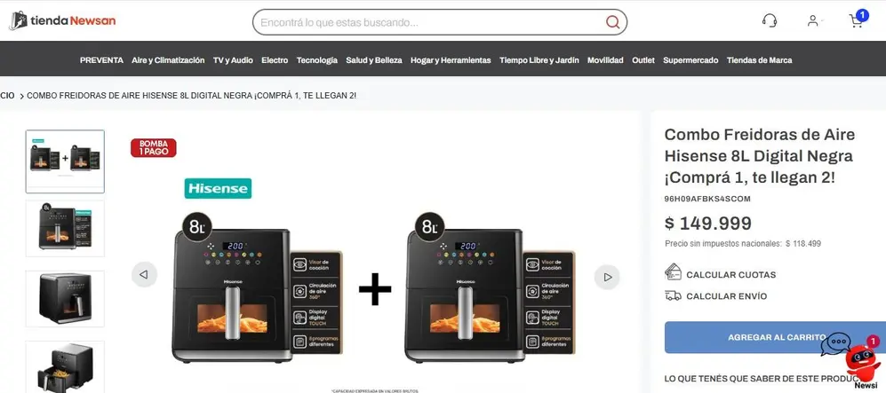 Newsan vende freidoras de aire 2x1: cada una quedaría a $75.000