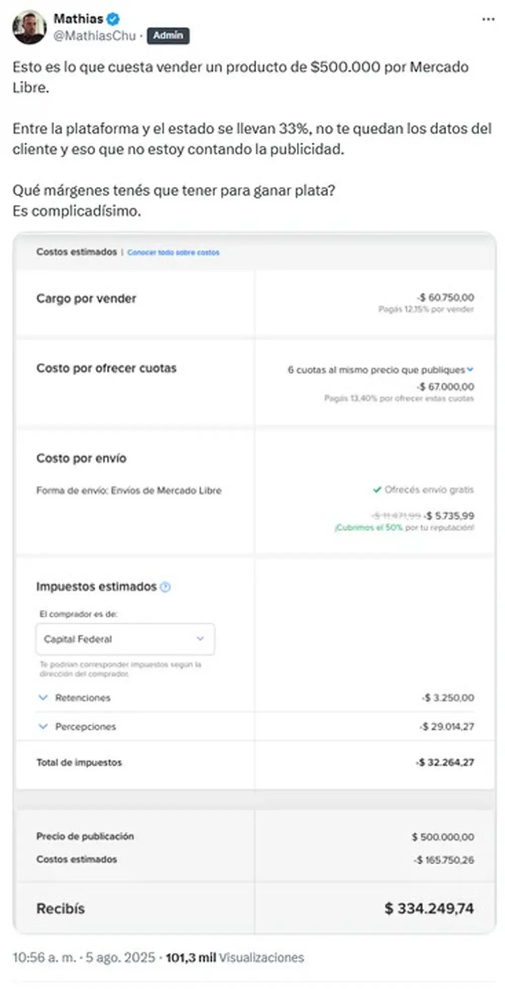 El especialista detalló en X cuánto se queda Mercado Libre y el Estado por una venta de $500.000