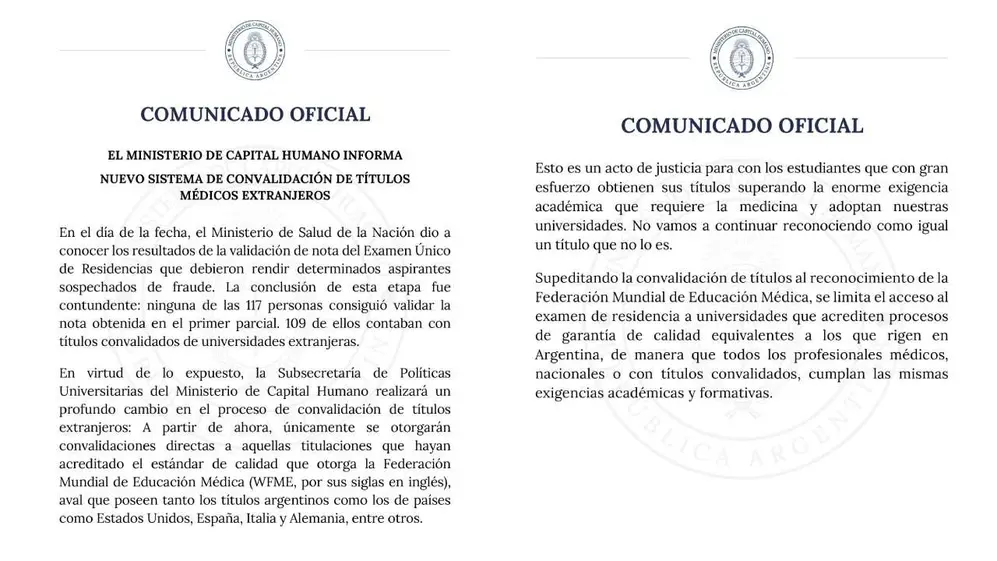El comunicado de Capital Humano respecto de los cambios en Medicina