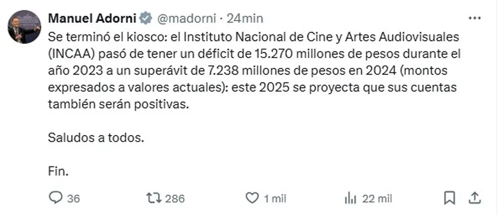 El mensaje de Manuel Adorni sobre el INCAA