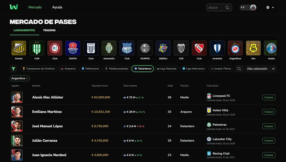 Win Investments permite comprar y vender tokens de futbolistas para financiarlos y generar ganancias