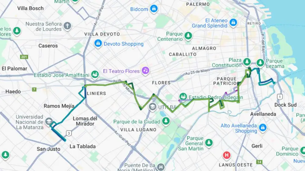 Así quedaría el mapa con los distintos recorridos de la línea 46