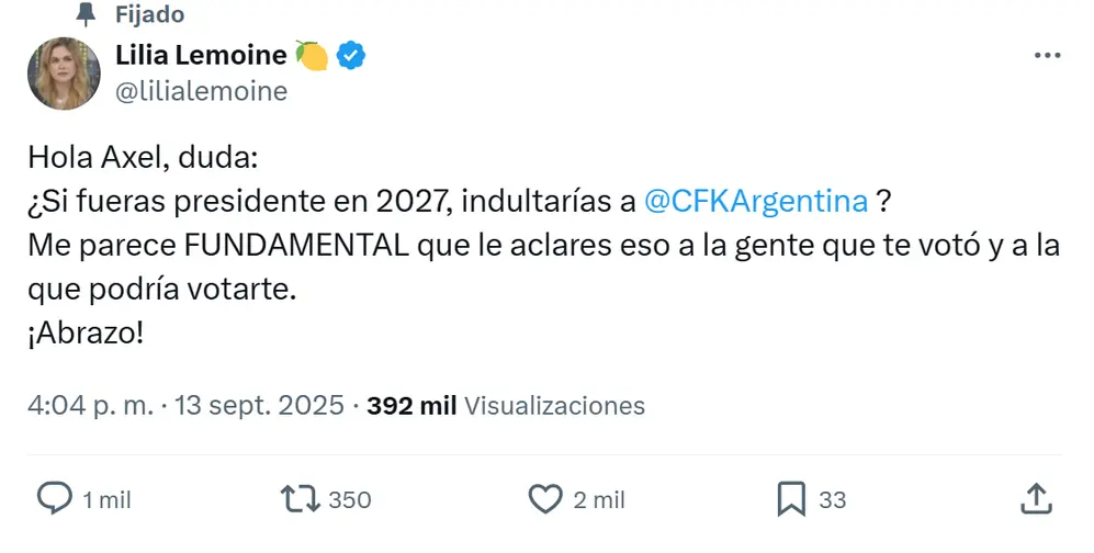 Lilia Lemoine presionó a Axel Kicillof, a través de X.