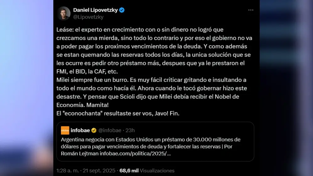 El posteo de Lipovetzky cuestionando el préstamo de Estados Unidos: 