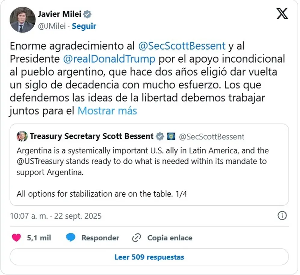 Milei le agradeció a Trump y a Bessent