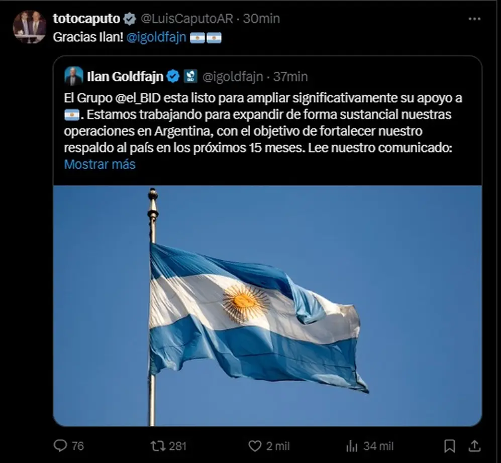 El mensaje de Luis Caputo sobre el anuncio del BID