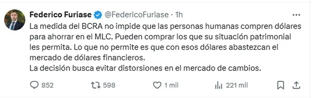 El mensaje en redes de Federico Furiase, director del BCRA