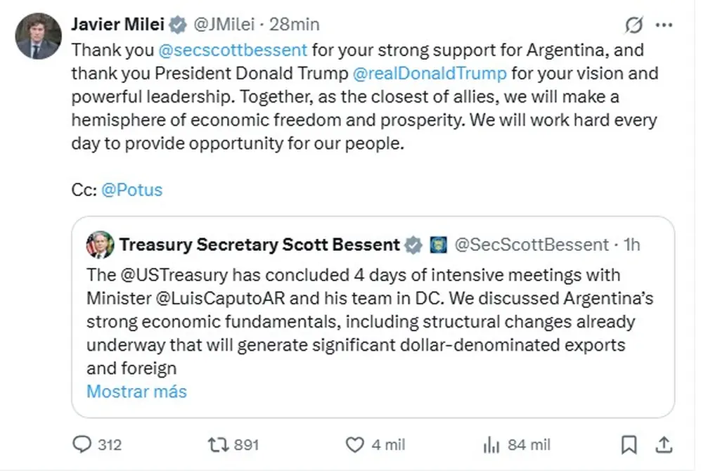El mensaje de Javier Milei sobre el apoyo de Estados Unidos