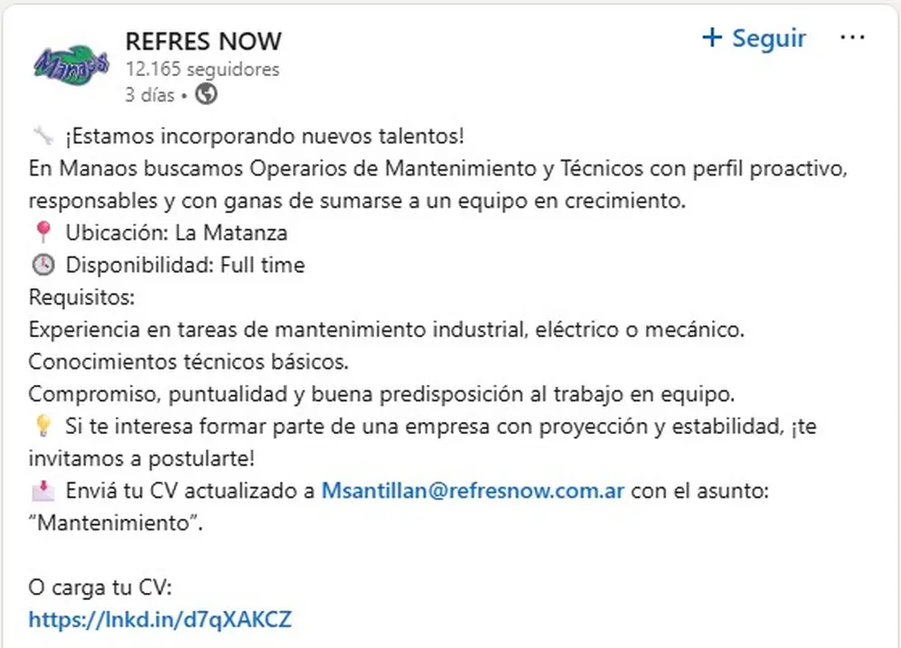 El mensaje de Manaos, que busca empleados, en su perfil de LinkedIn