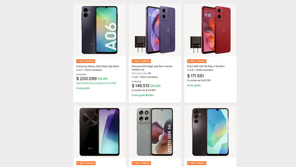 Captura de pantalla del ranking de celulares en Mercado Libre.