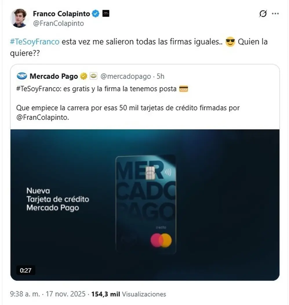 Mercado Pago lanzó la tarjeta de crédito firmada por Colapinto