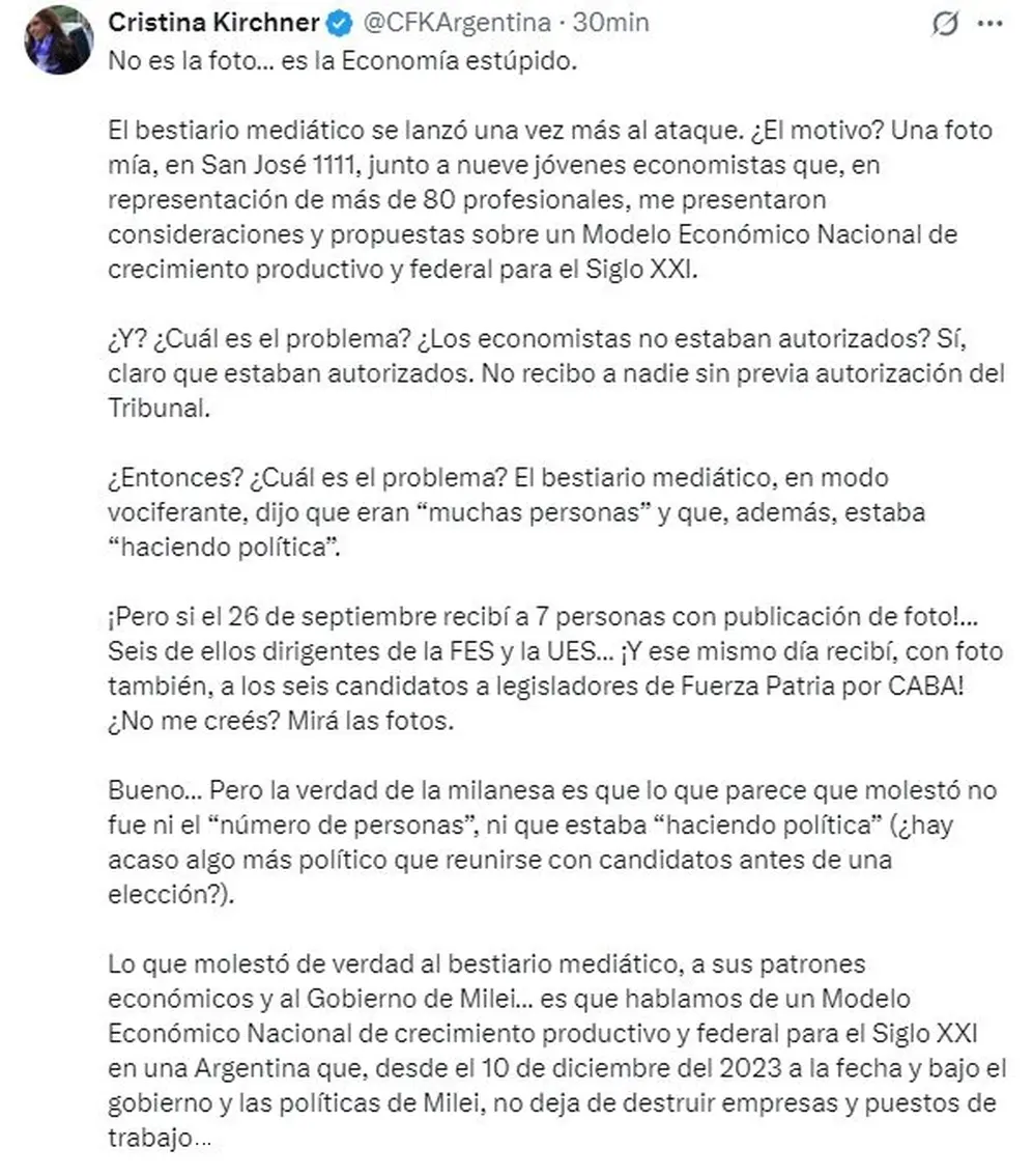 Cristina Kirchner se quejó de la resolución de la Justicia sobre sus visitas
