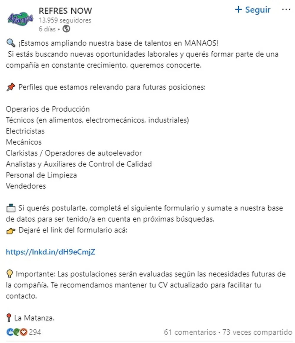 El mensaje que compartió Manaos en sus redes, en busca de nuevo personal