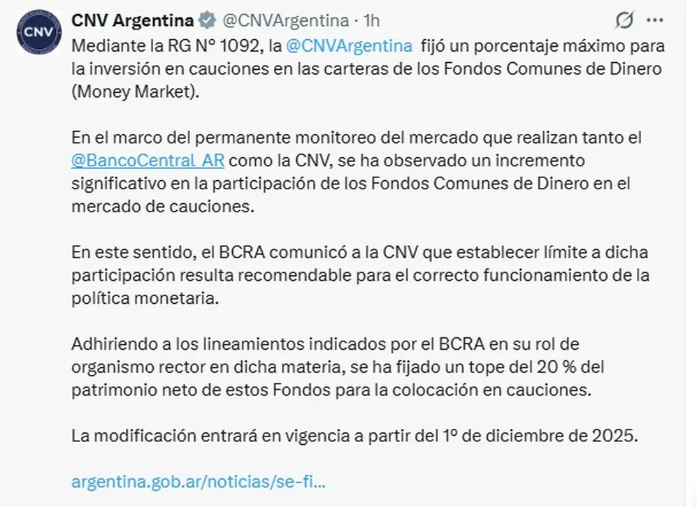 El comunicado de la CNV