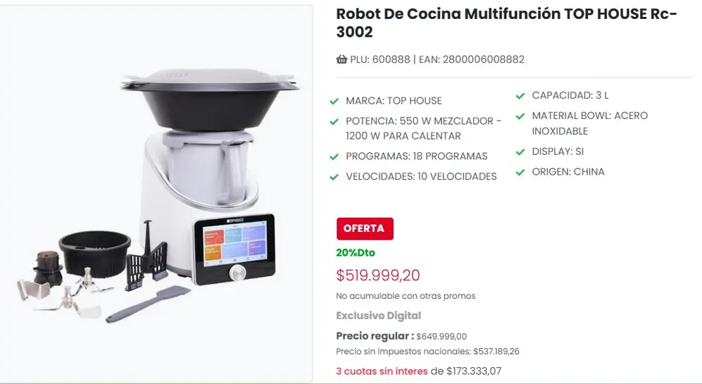 Coto vende el robot de cocina marca Top House en cuotas sin interés