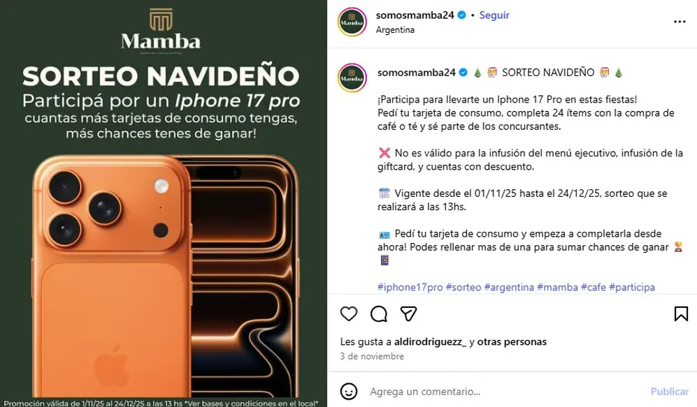 El mensaje en redes del bar que sortea un iPhone 17 para Navidad