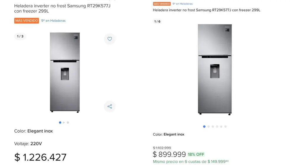 Una heladera Samsung no frost que hace un año costaba $1.226.000, ahora se consigue a $900.000