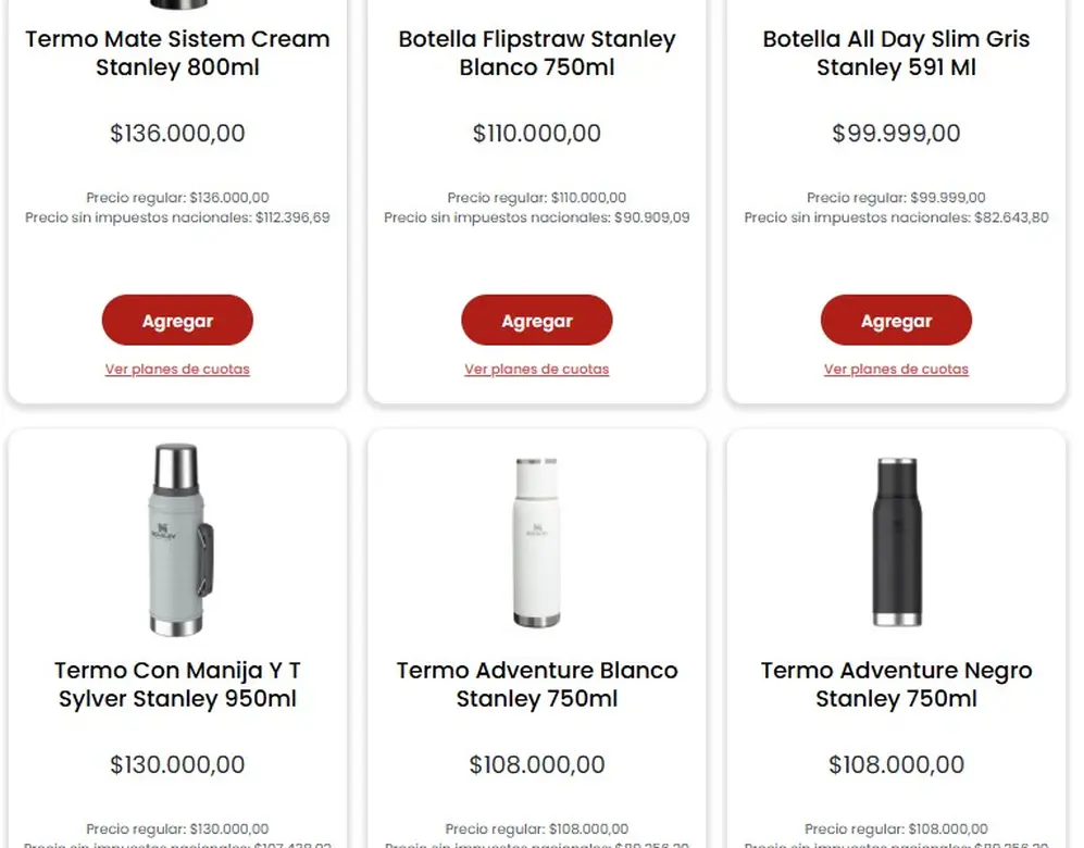 Algunos de los productos marca Stanley que vende Coto en su página web