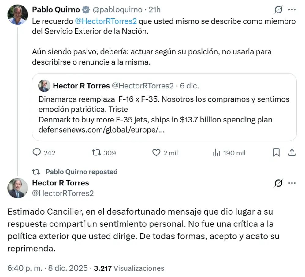 El intercambio de tuits entre Pablo Quirno y Héctor Torres.