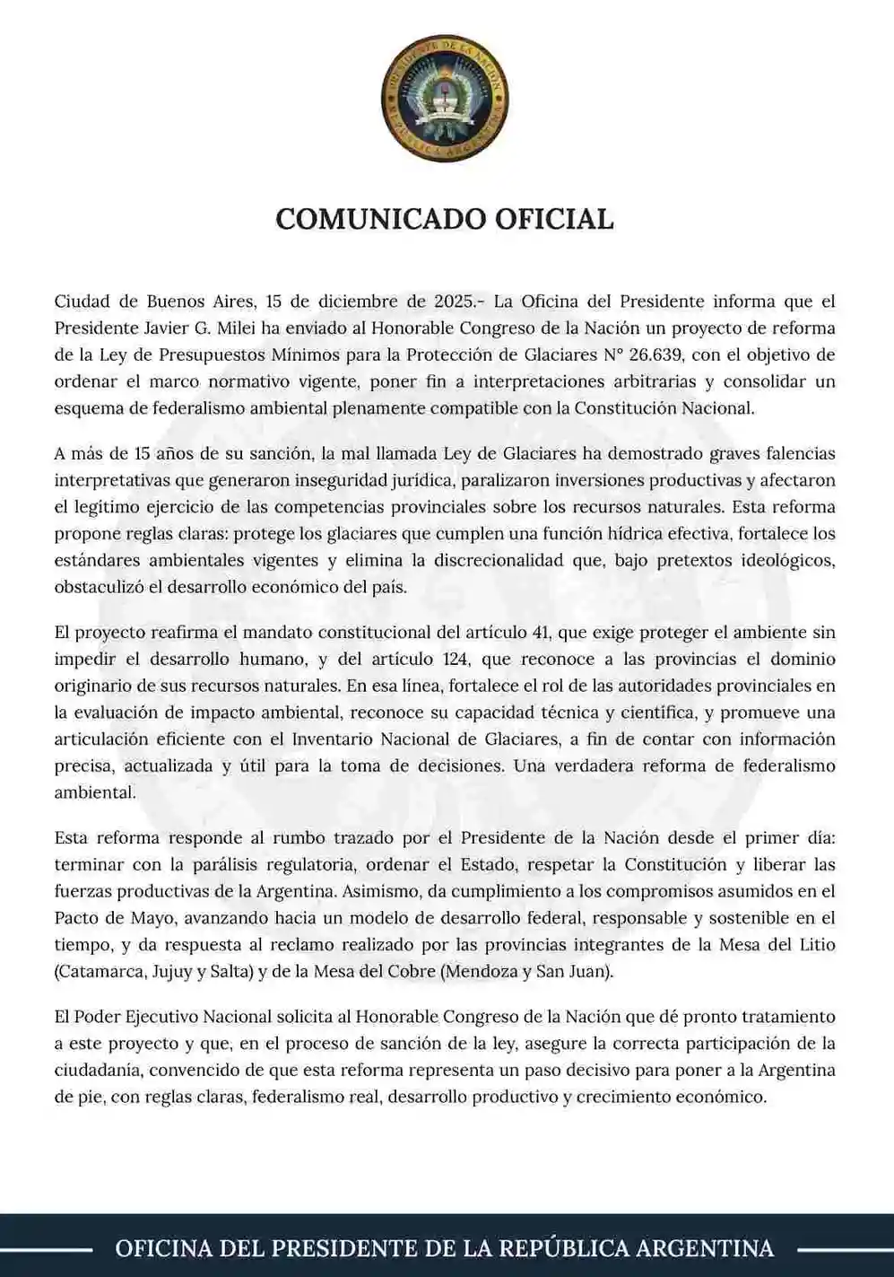 Javier Milei envió al Congreso el proyecto para modificar la ley de glaciares