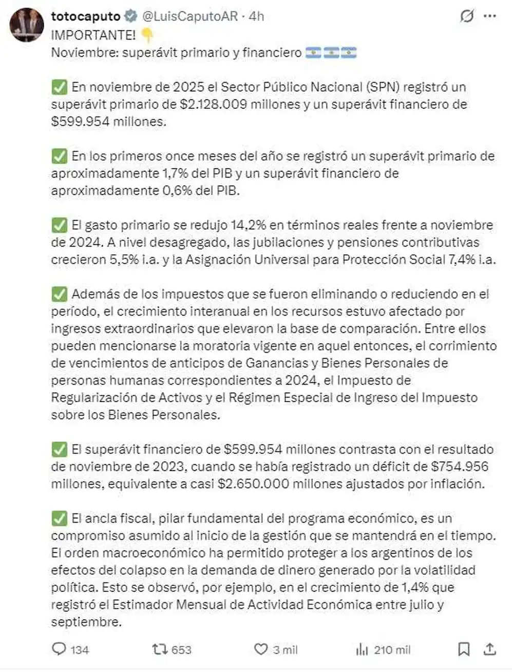 El mensaje de Luis Caputo para celebrar un nuevo superávit financiero