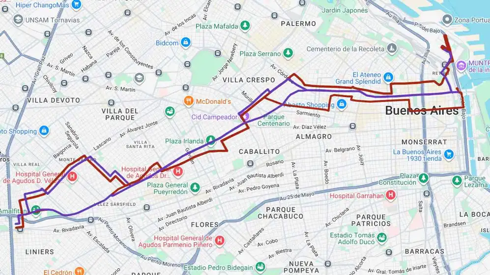 Así se verá el nuevo recorrido de los dos ramales de la línea 106