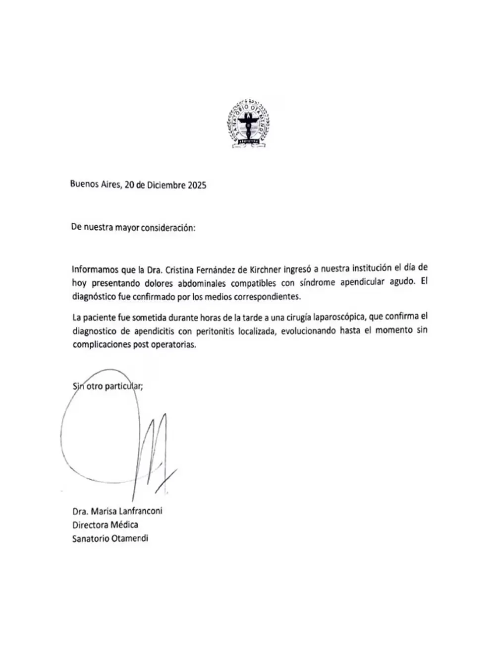 Parte médico sobre la salud de Cristina Kirchner