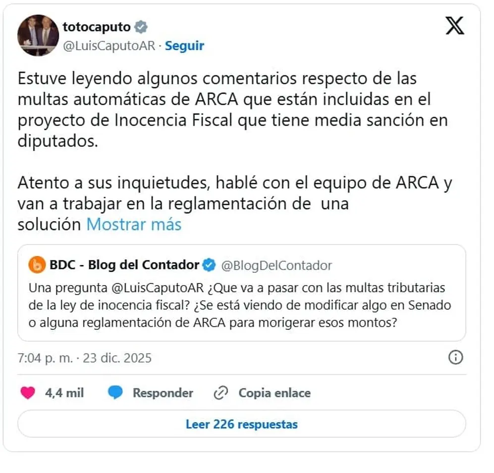 Caputo anticipa cambios en las multas automáticas del proyecto de Inocencia Fiscal