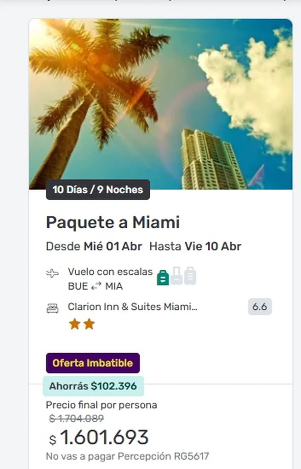 Paquete a Miami para abril de 2026